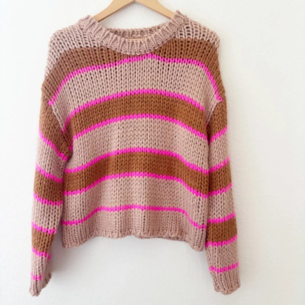 By Together hot pink brown striped chunky knit crewneck sweater Size Small‎